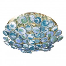 Brass flush mount fixture with blue glass disks